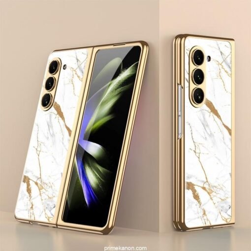 Samsung Galaxy Z Fold 5/6 Series Stylish Marble Gold Electroplated Frame with Patterned Glass, Built-in Screen Protector - Image 9