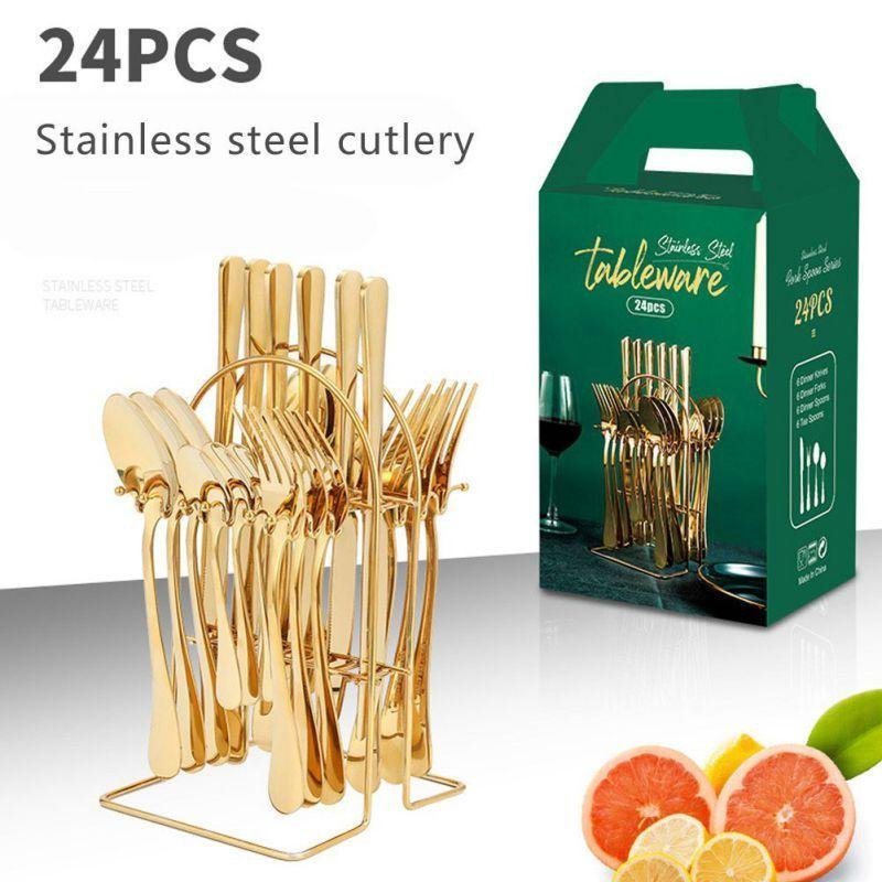 24pcs Gold/Silver Dinnerware Set Stainless Steel Tableware Knives Fork Spoon Rack Cutlery Set - Image 2