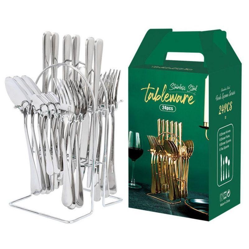 24pcs Gold/Silver Dinnerware Set Stainless Steel Tableware Knives Fork Spoon Rack Cutlery Set - Image 8
