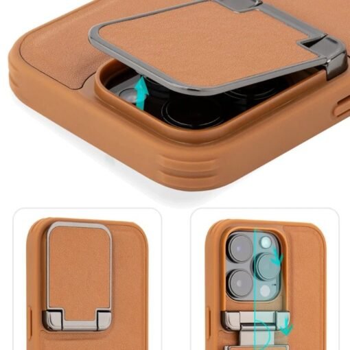 iPhone 16/15 Pro Max Series Genuine Leather Back Lens Protection Cover, Anti -Scratch and Protect Privacy Flip Aluminum Alloy Stand Slim Cover - Image 13