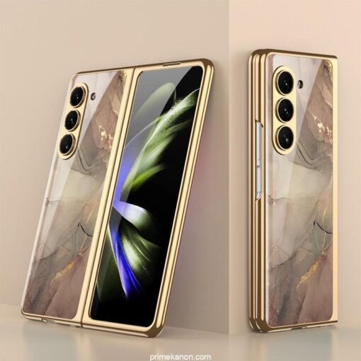 Samsung Galaxy Z Fold 5/6 Series Stylish Marble Gold Electroplated Frame with Patterned Glass, Built-in Screen Protector - Image 11