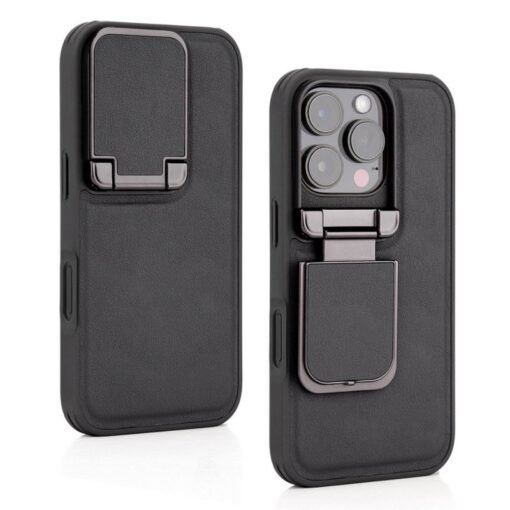 iPhone 16/15 Pro Max Series Genuine Leather Back Lens Protection Cover, Anti -Scratch and Protect Privacy Flip Aluminum Alloy Stand Slim Cover - Image 3