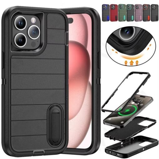 Heavy Duty Shockproof  3-Layer Military-Grade Rugged Protective Bumper Phone Case with Kickstand Anti-Slip Grip Shockproof For iPhone 16 15 14 13 12 11 Pro Max Series - Image 13