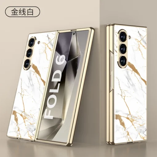 Samsung Galaxy Z Fold 5/6 Series Stylish Marble Gold Electroplated Frame with Patterned Glass, Built-in Screen Protector - Image 3