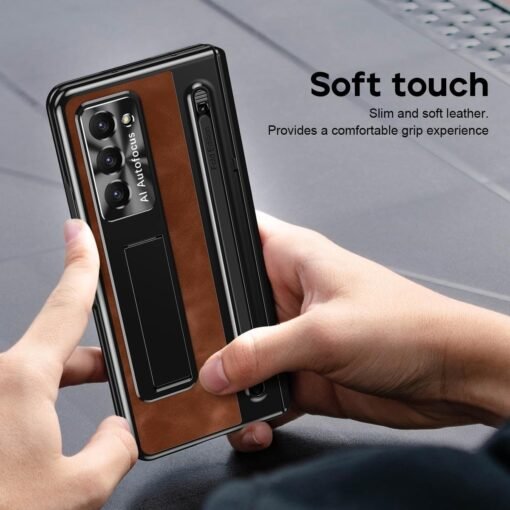 Samsung Galaxy Z Fold Series  Retro Leather Case with S Pen Holder, Slim Stylus, Hinge Protection Kickstand and Screen Protector - Image 4