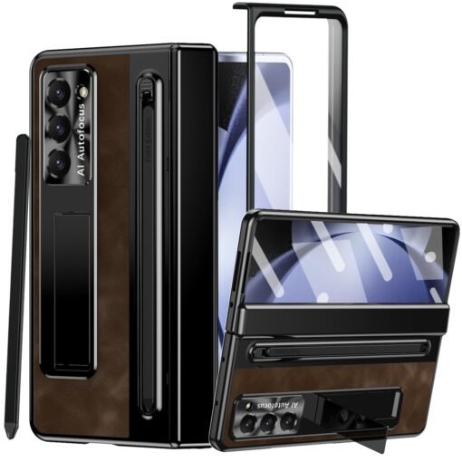 Samsung Galaxy Z Fold Series  Retro Leather Case with S Pen Holder, Slim Stylus, Hinge Protection Kickstand and Screen Protector - Image 10
