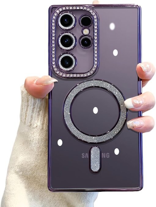 Samsung Galaxy S23/S24/S25 Ultra Magnetic Case with Glitter Diamond Camera Protector, Luxury Plating Bling Rhinestones Soft Bumper Clear Transparent Phone Case - Image 6