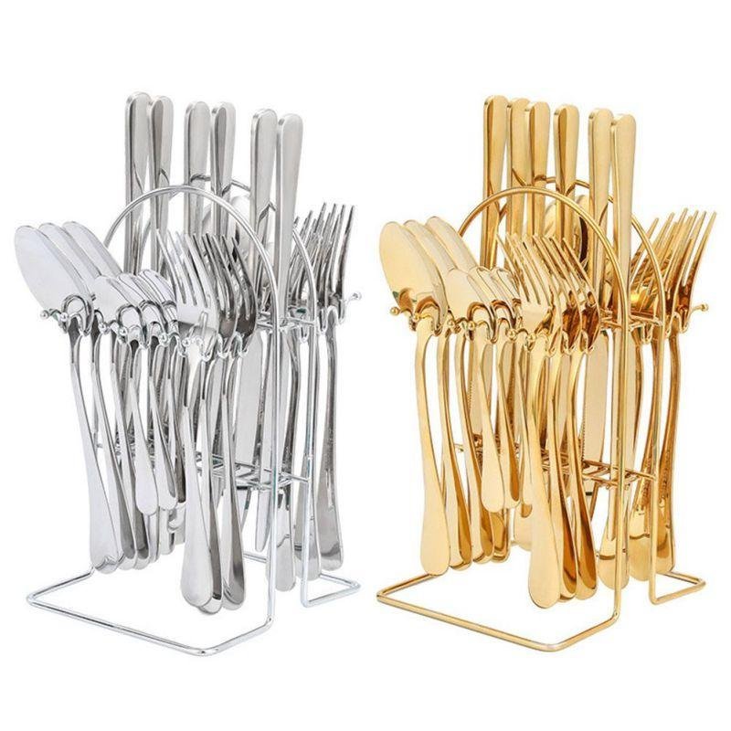 24pcs Gold/Silver Dinnerware Set Stainless Steel Tableware Knives Fork Spoon Rack Cutlery Set - Image 3